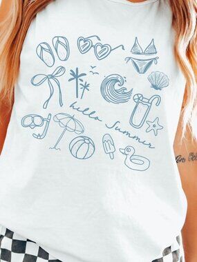 Hello Summer Doodle Tank Top | Tropical Beach Vacation Tee